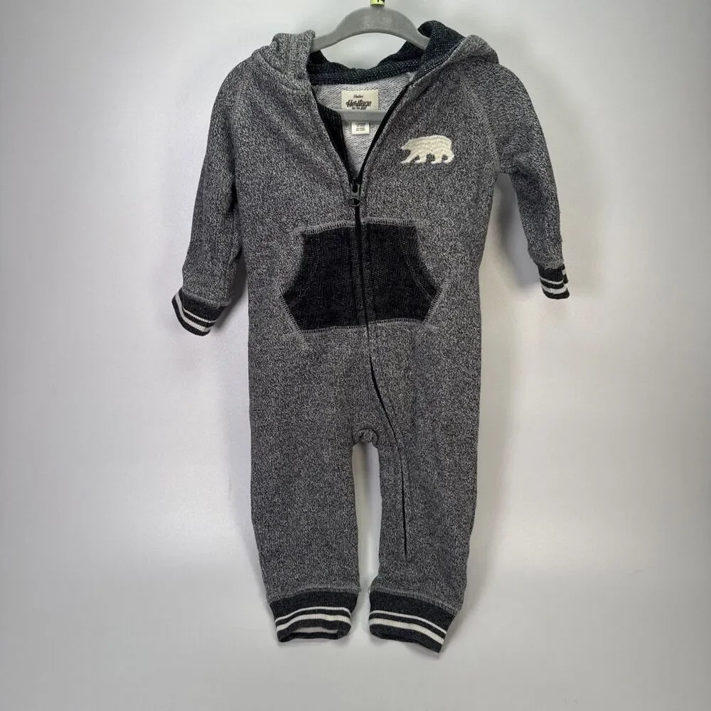 Hatley Heritage One Piece Zipped Baby Romper Bear Gray Hoodie 3-6 Month